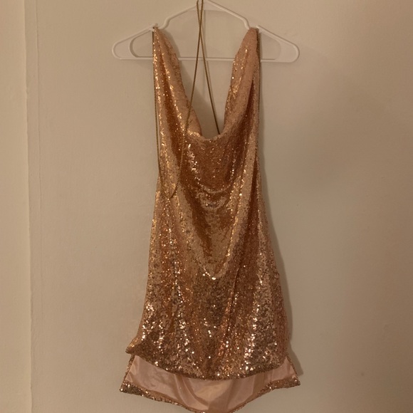 SOLD Backless Rose Gold Sequin Mini Dress - Picture 1 of 3